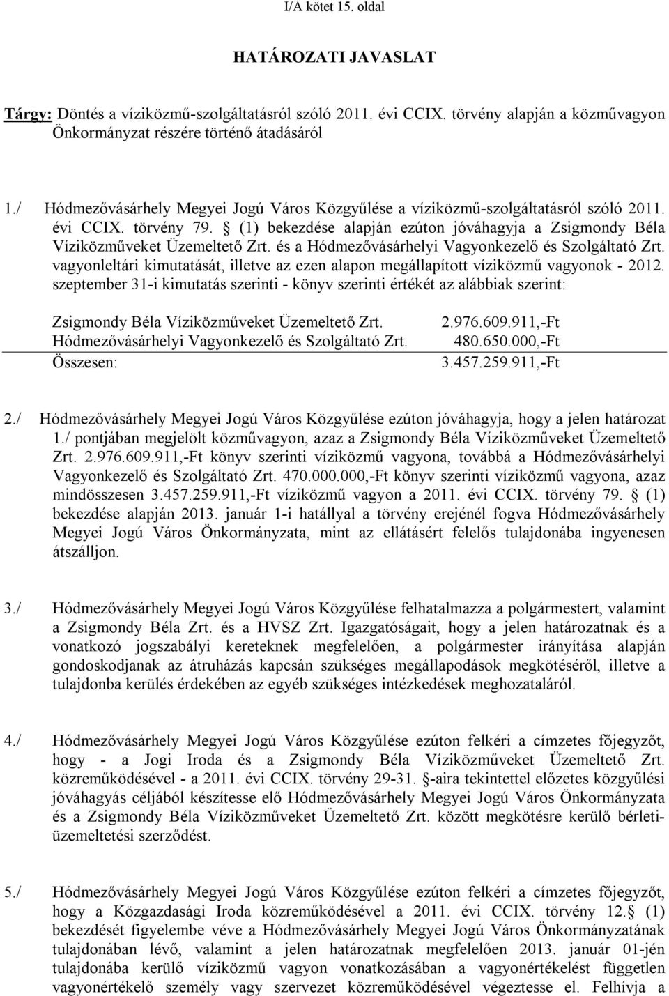 és a Hódmezővásárhelyi Vagyonkezelő és Szolgáltató Zrt. vagyonleltári kimutatását, illetve az ezen alapon megállapított víziközmű vagyonok - 2012.