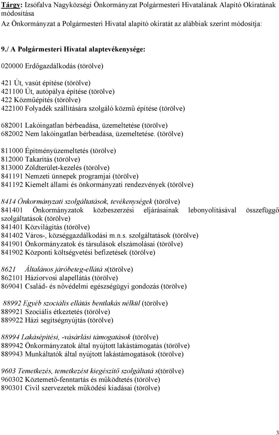 szállítására szolgáló közmű építése (törölve) 682001 Lakóingatlan bérbeadása, üzemeltetése (törölve) 682002 Nem lakóingatlan bérbeadása, üzemeltetése.