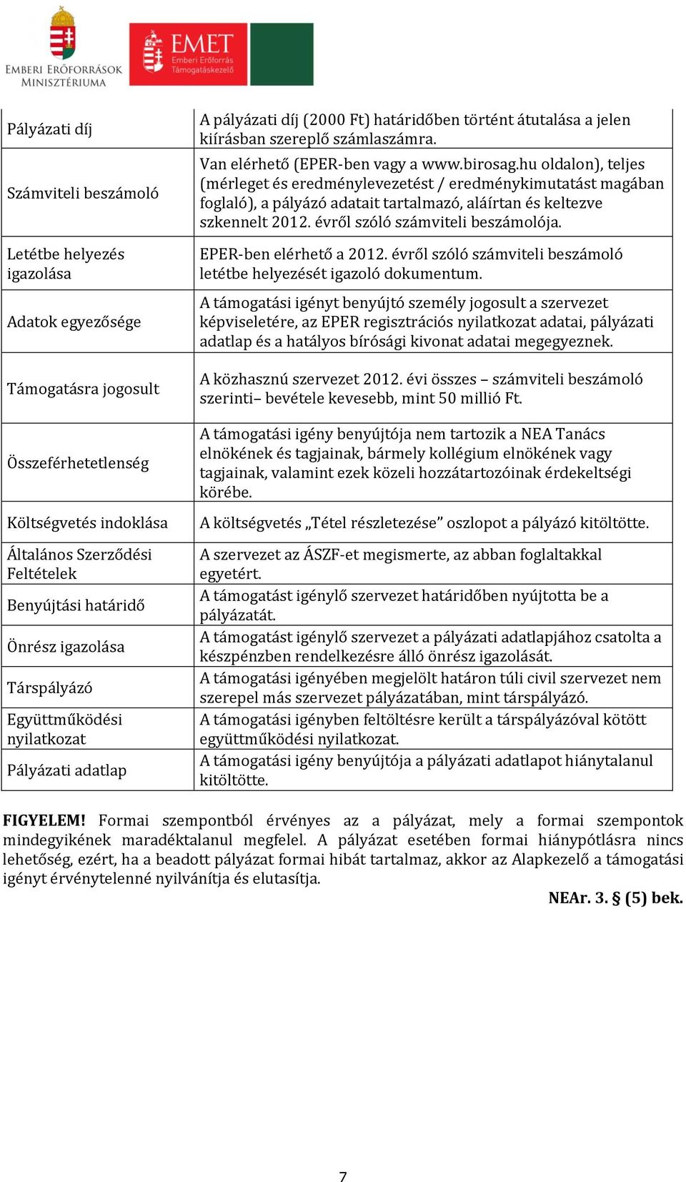 Van elérhető (EPER-ben vagy a www.birosag.hu oldalon), teljes (mérleget és eredménylevezetést / eredménykimutatást magában foglaló), a pályázó adatait tartalmazó, aláírtan és keltezve szkennelt 2012.