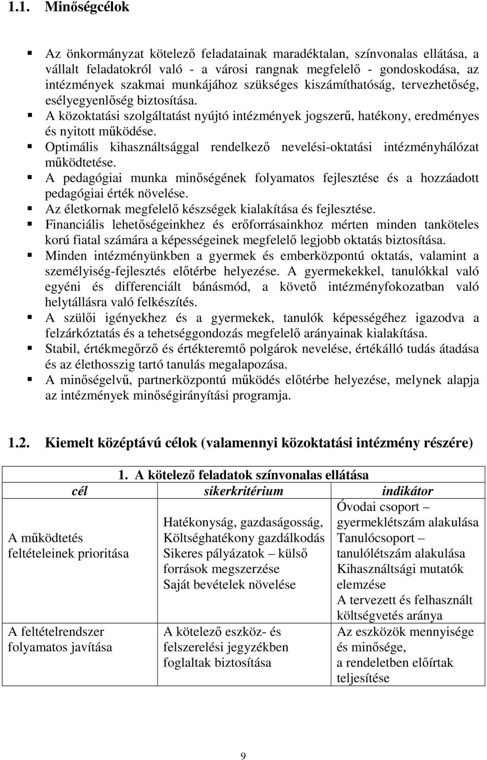 Optimális kihasználtsággal rendelkező nevelési-oktatási intézményhálózat működtetése. A pedagógiai munka minőségének folyamatos fejlesztése és a hozzáadott pedagógiai érték növelése.