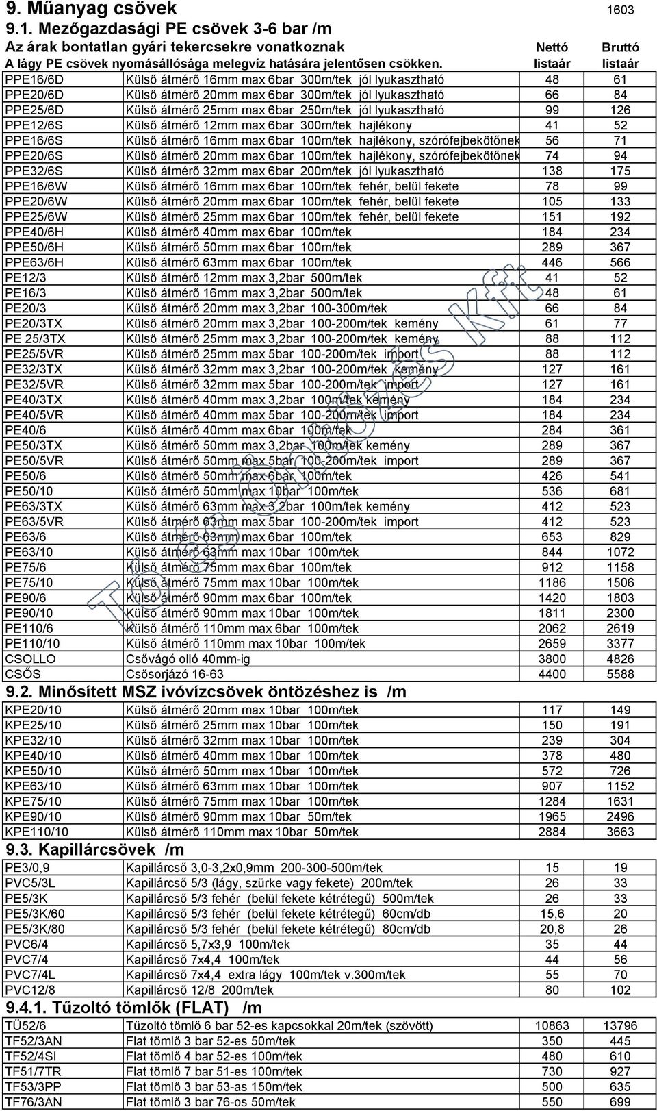 jól lyukasztható 99 126 PPE12/6S Külső átmérő 12mm max 6bar 300m/tek hajlékony 41 52 PPE16/6S Külső átmérő 16mm max 6bar 100m/tek hajlékony, szórófejbekötőnek, mikrónak, 56 lyukasztható 71 PPE20/6S