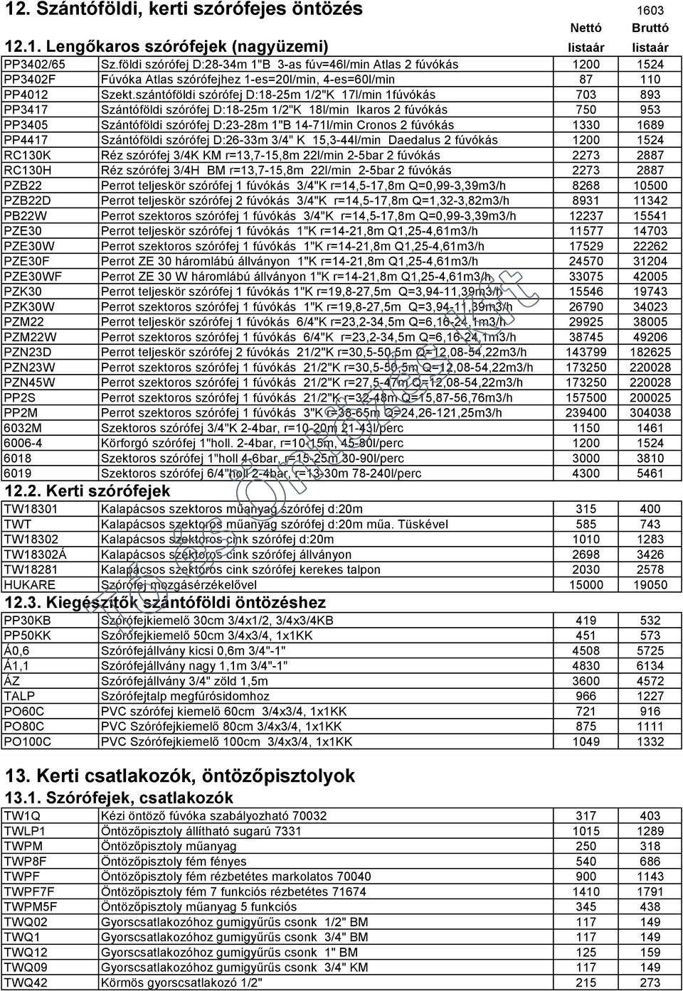 szántóföldi szórófej D:18-25m 1/2"K 17l/min 1fúvókás 703 893 PP3417 Szántóföldi szórófej D:18-25m 1/2"K 18l/min Ikaros 2 fúvókás 750 953 PP3405 Szántóföldi szórófej D:23-28m 1"B 14-71l/min Cronos 2