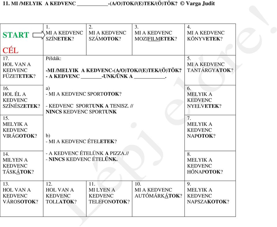 a) - MI A SPORTOTOK? - SPORTUNK A TENISZ. // NINCS SPORTUNK b) - MI A ÉTELETEK? - A ÉTELÜNK A PIZZA.// - NINCS ÉTELÜNK. 4. MI A KÖNYVETEK? 5.