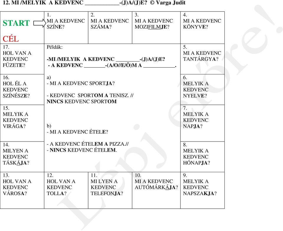 // NINCS SPORTOM b) - MI A ÉTELE? - A ÉTELEM A PIZZA.// - NINCS ÉTELEM. 4. MI A KÖNYVE? 5. MI A TANTÁRGYA? 6. MELYIK A NYELVE? 7.