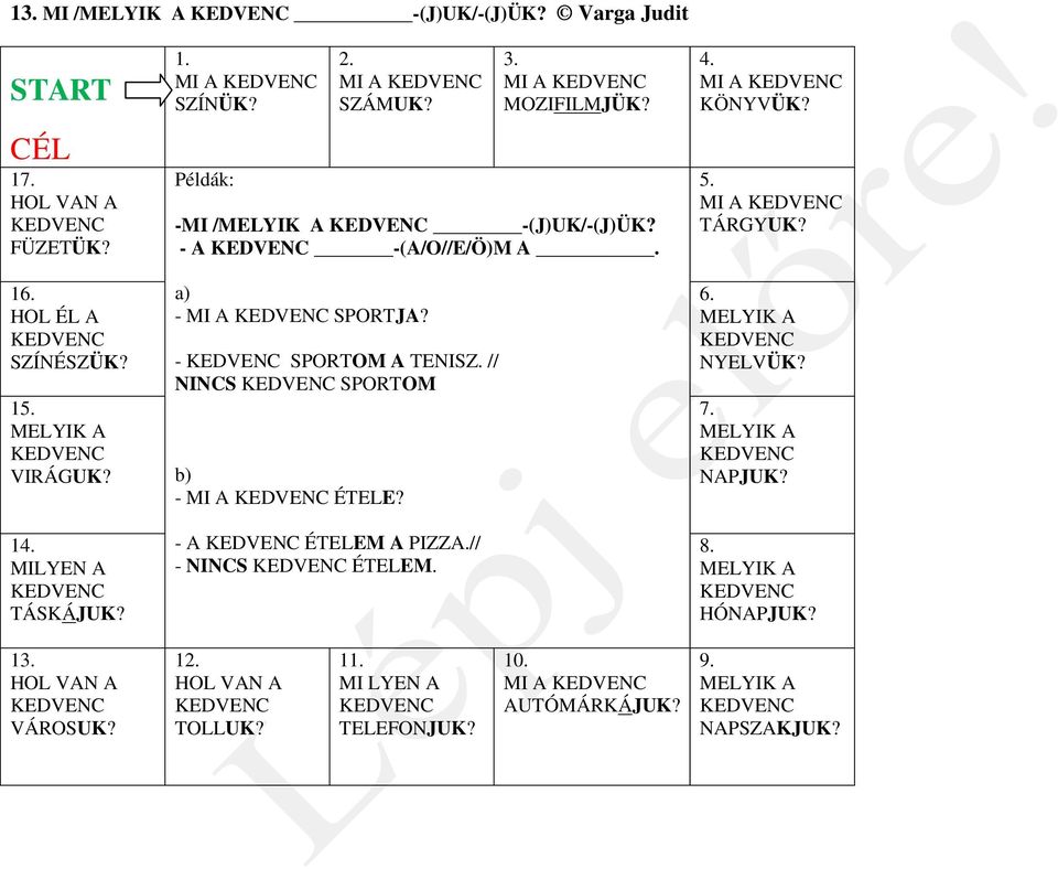 - SPORTOM A TENISZ. // NINCS SPORTOM b) - MI A ÉTELE? - A ÉTELEM A PIZZA.// - NINCS ÉTELEM. 4. MI A KÖNYVÜK? 5. MI A TÁRGYUK? 6. MELYIK A NYELVÜK?