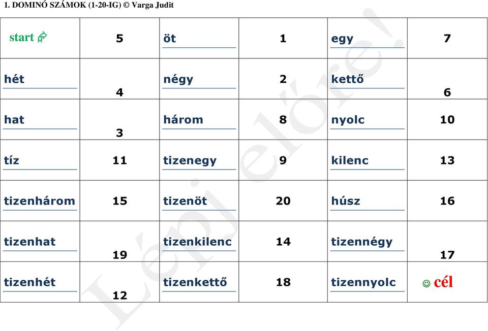 9 kilenc 13 tizenhárom 15 tizenöt 20 húsz 16 tizenhat 19