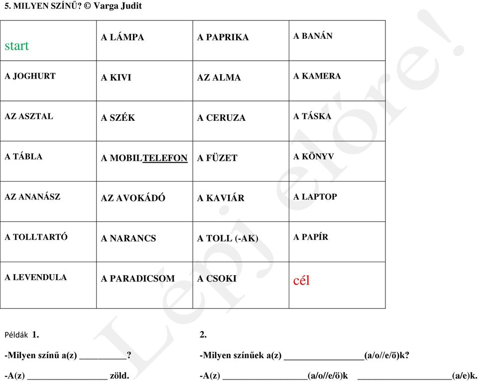 CERUZA A TÁSKA A TÁBLA A MOBILTELEFON A FÜZET A KÖNYV AZ ANANÁSZ AZ AVOKÁDÓ A KAVIÁR A LAPTOP A