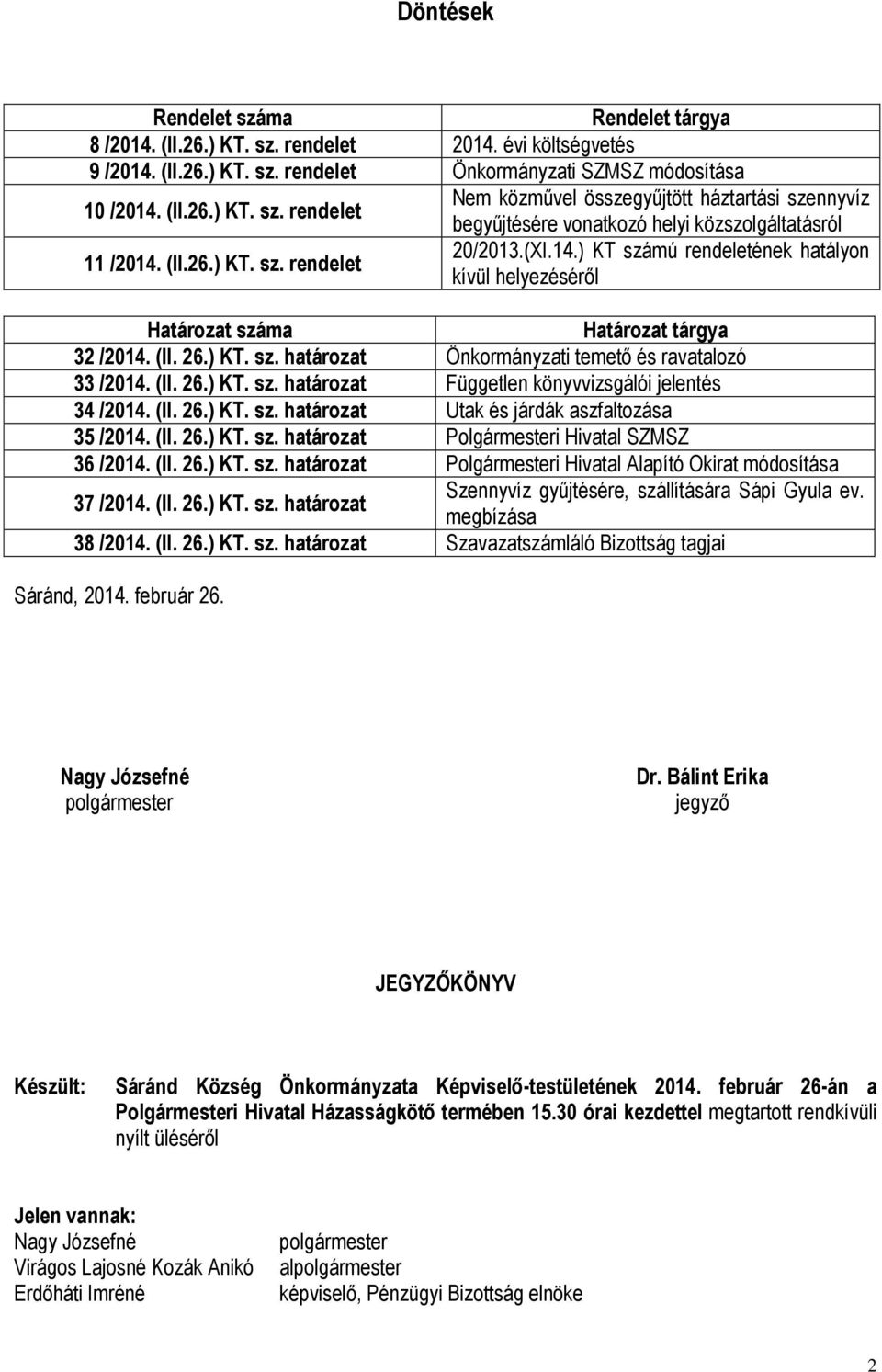 (II. 26.) KT. sz. határozat Független könyvvizsgálói jelentés 34 /2014. (II. 26.) KT. sz. határozat Utak és járdák aszfaltozása 35 /2014. (II. 26.) KT. sz. határozat Polgármesteri Hivatal SZMSZ 36 /2014.