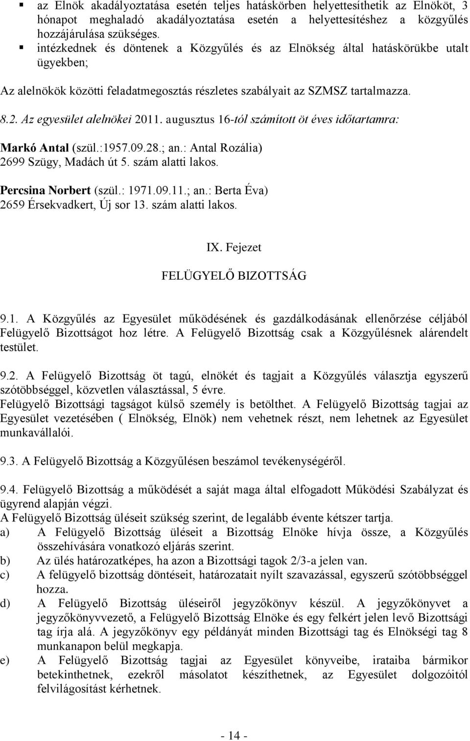 augusztus 16-tól számított öt éves időtartamra: Markó Antal (szül.:1957.09.28.; an.: Antal Rozália) 2699 Szügy, Madách út 5. szám alatti lakos. Percsina Norbert (szül.: 1971.09.11.; an.: Berta Éva) 2659 Érsekvadkert, Új sor 13.