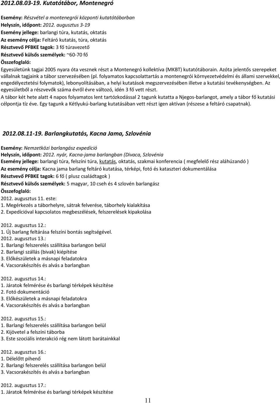 Egyesületünk tagjai 2005 nyara óta vesznek részt a Montenegró kollektíva (MKBT) kutatótáborain. Azóta jelentős szerepeket vállalnak tagjaink a tábor szervezésében (pl.