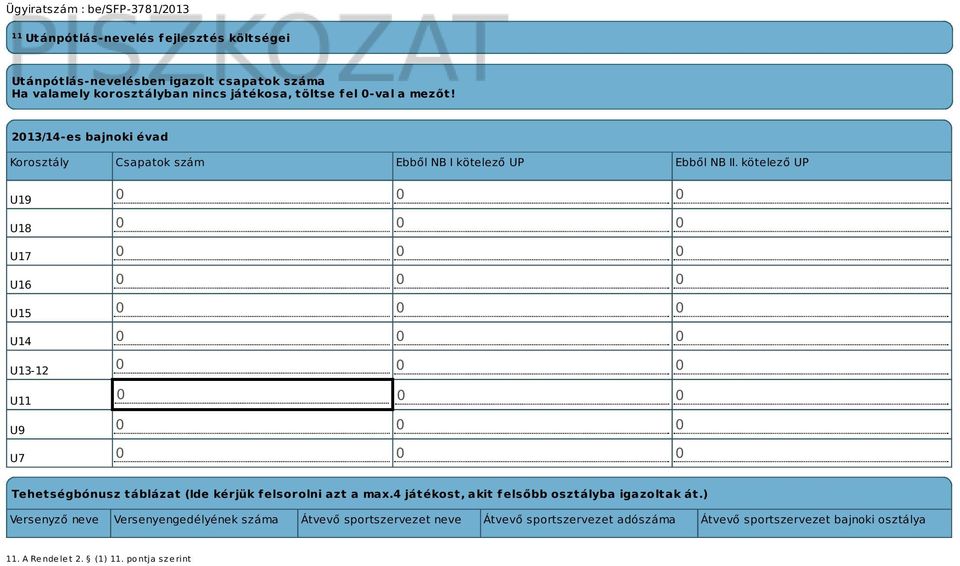 kötelező UP U19 U18 U17 U16 U15 U14 U13-12 U11 U9 U7 Tehetségbónusz táblázat (Ide kérjük felsorolni azt a max.
