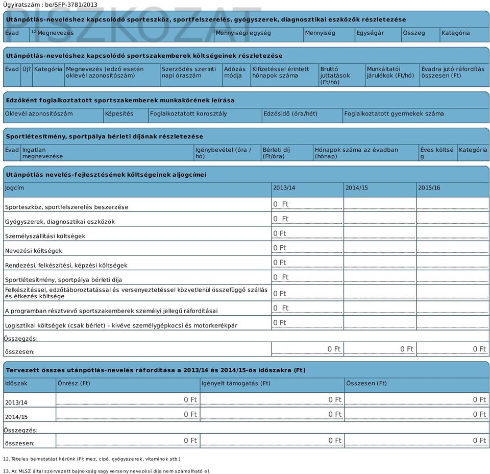 Kategória Megnevezés (edző esetén oklevél azonosítószám) Szerződés szerinti napi óraszám Adózás módja Kifizetéssel érintett hónapok száma Bruttó juttatások (Ft/hó) Munkáltatói járulékok (Ft/hó)