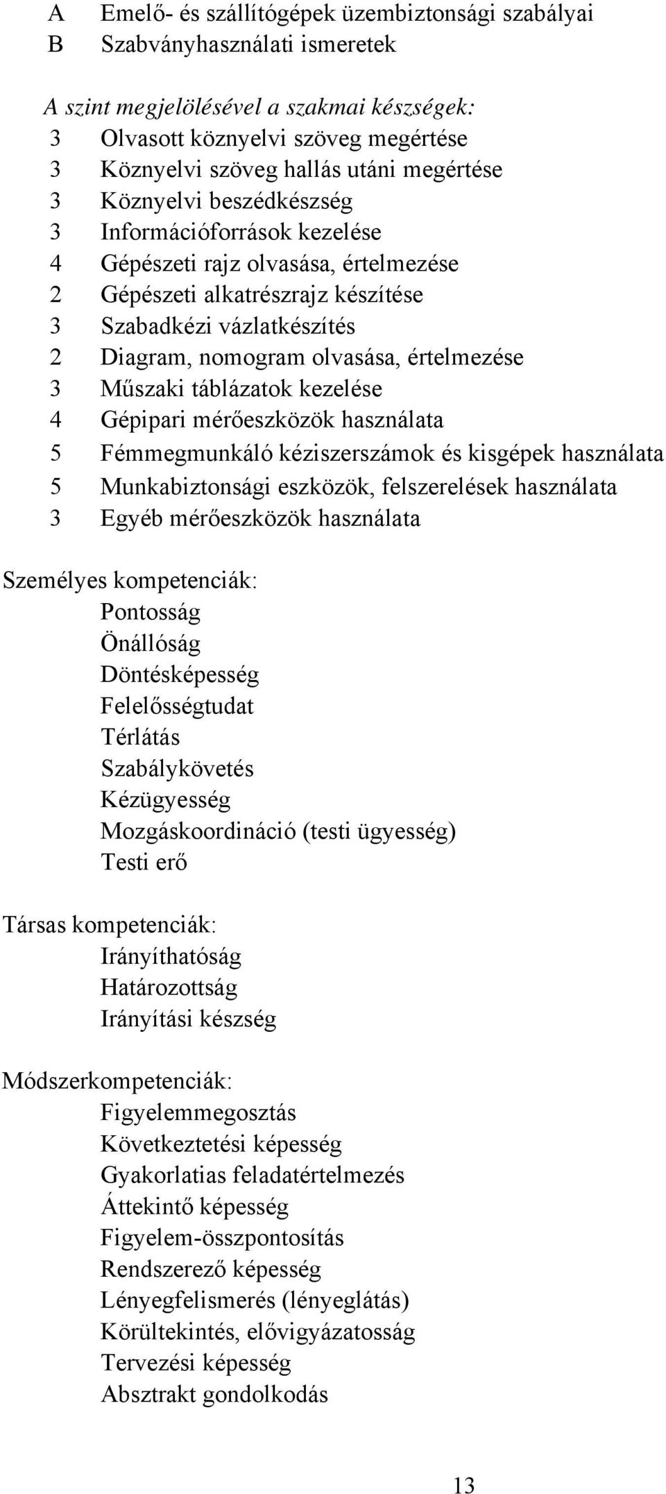 értelmezése 3 Műszaki táblázatok kezelése 4 Gépipari mérőeszközök használata 5 Fémmegmunkáló kéziszerszámok és kisgépek használata 5 Munkabiztonsági eszközök, felszerelések használata 3 Egyéb