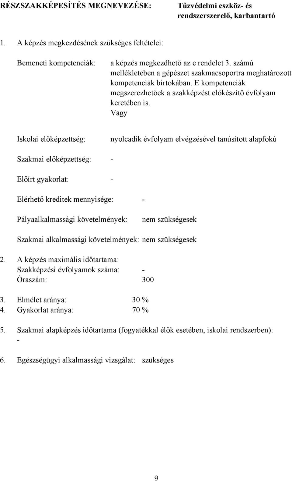 Vagy Iskolai előképzettség: Szakmai előképzettség: Előírt gyakorlat: nyolcadik évfolyam elvégzésével tanúsított alapfokú - - Elérhető kreditek mennyisége: - Pályaalkalmassági követelmények: nem