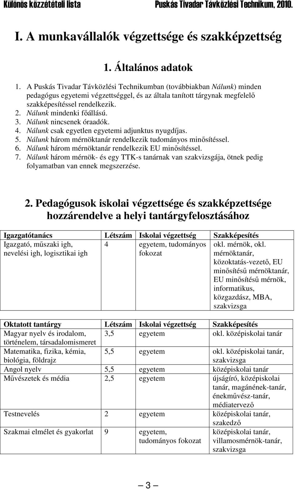 Nálunk mindenki fıállású. 3. Nálunk nincsenek óraadók. 4. Nálunk csak egyetlen egyetemi adjunktus nyugdíjas. 5. Nálunk három mérnöktanár rendelkezik tudományos minısítéssel. 6.