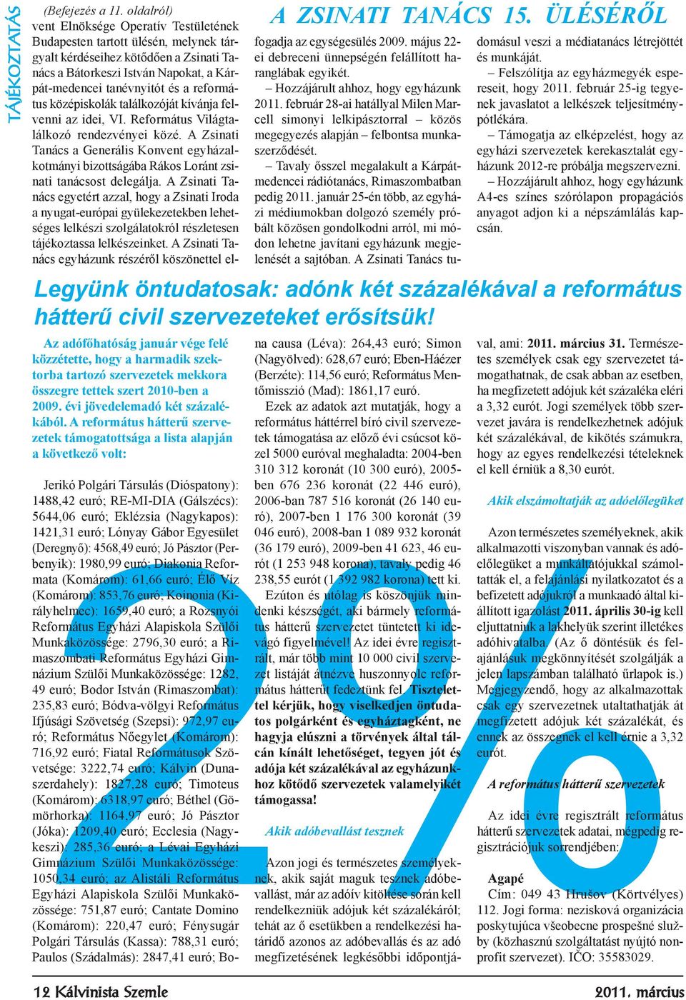 2% euró; Lónyay Gábor Egyesület (Deregnyő): 4568,49 euró; Jó Pásztor (Perbenyik): 1980,99 euró; Diakonia Reformata (Komárom): 61,66 euró; Élő Víz (Komárom): 853,76 euró; Koinonia (Királyhelmec):