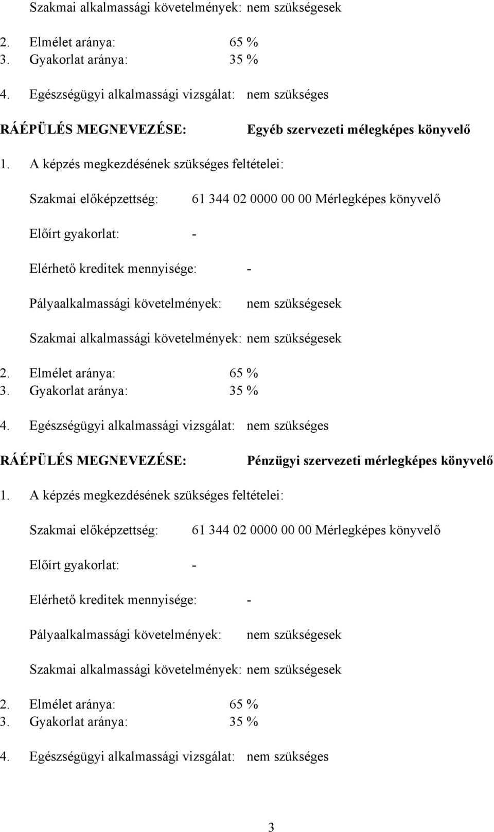 képzés megkezdésének szükséges feltételei: Szakmai előképzettség: Előírt gyakorlat: 61 344 02 0000 00 00 Mérlegképes könyvelő - Elérhető kreditek mennyisége: - Pályaalkalmassági követelmények: nem