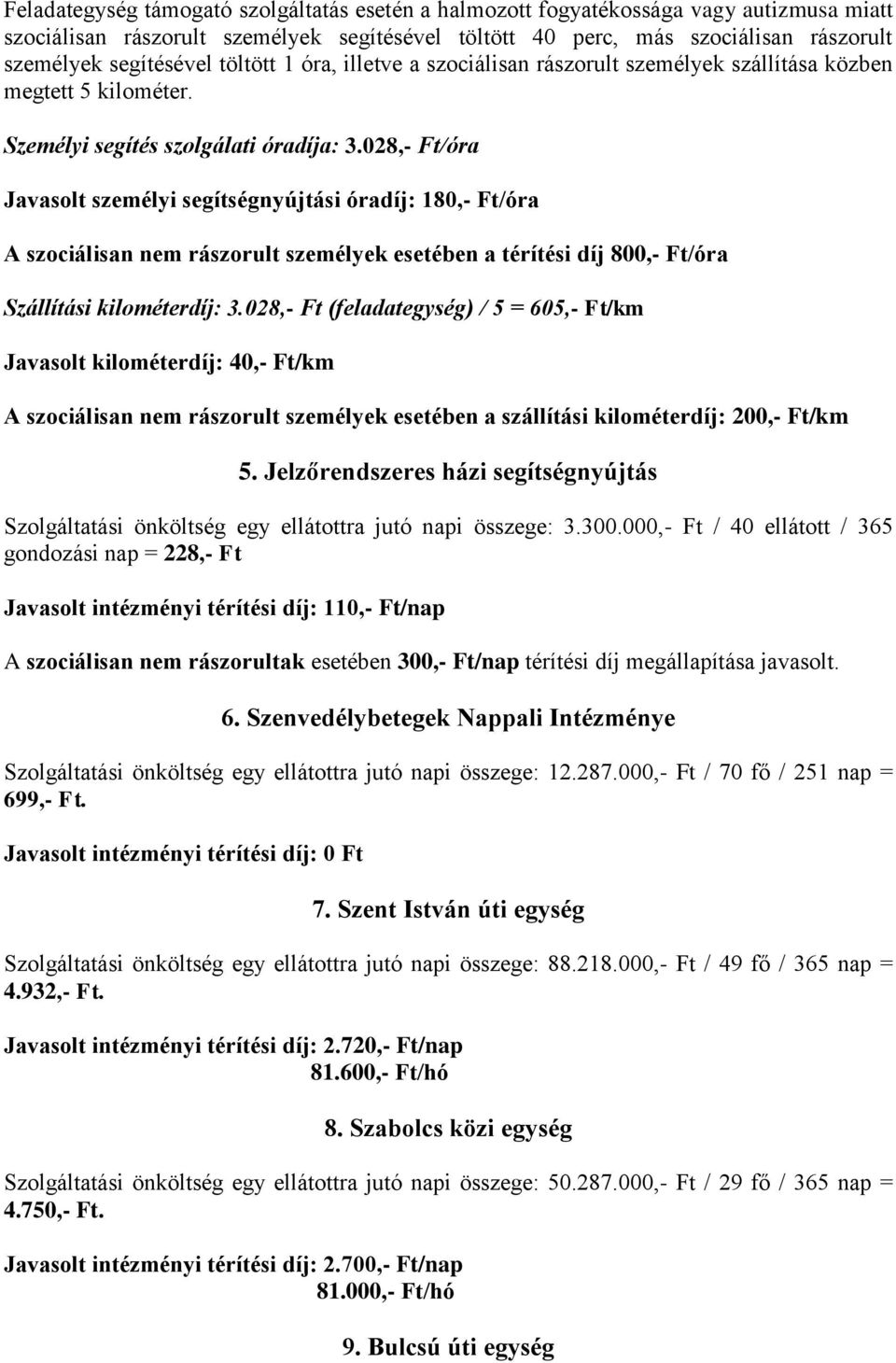 028,- Ft/óra Javasolt személyi segítségnyújtási óradíj: 180,- Ft/óra A szociálisan nem rászorult személyek esetében a térítési díj 800,- Ft/óra Szállítási kilométerdíj: 3.