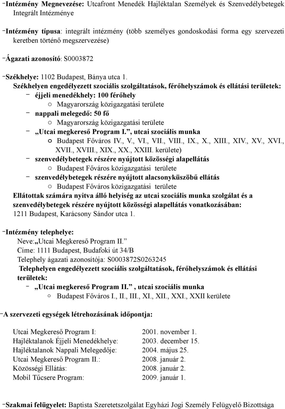 Székhelyen engedélyezett szociális szolgáltatások, férőhelyszámok és ellátási területek: éjjeli menedékhely: 100 férőhely o Magyarország közigazgatási területe nappali melegedő: 50 fő o Magyarország