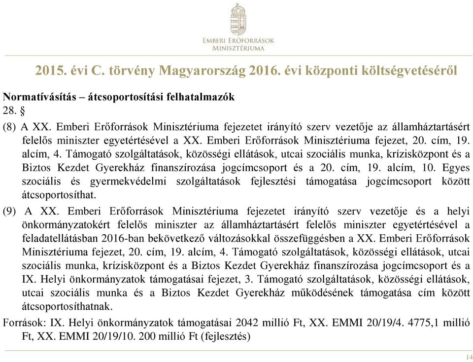 Támogató szolgáltatások, közösségi ellátások, utcai szociális munka, krízisközpont és a Biztos Kezdet Gyerekház finanszírozása jogcímcsoport és a 20. cím, 19. alcím, 10.