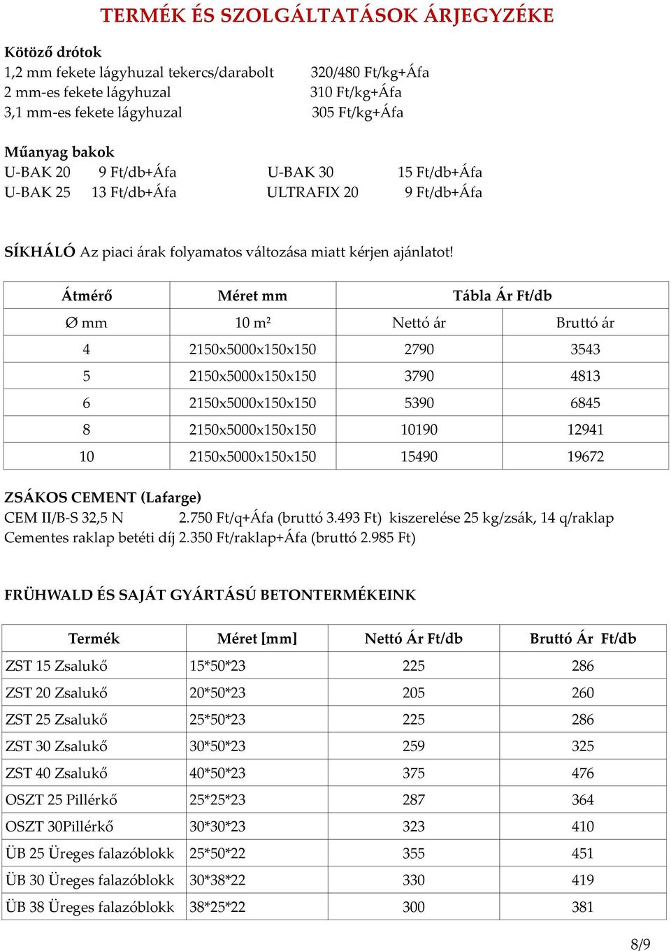 Átmérő Méret mm Tábla Ár Ft/db Ø mm 10 m 2 Nettó ár Bruttó ár 4 2150x5000x150x150 2790 3543 5 2150x5000x150x150 3790 4813 6 2150x5000x150x150 5390 6845 8 2150x5000x150x150 10190 12941 10