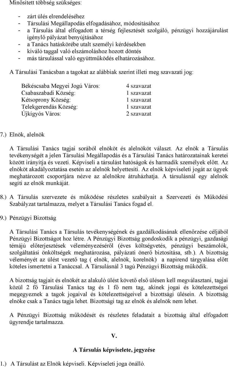 A Társulási Tanácsban a tagokat az alábbiak szerint illeti meg szavazati jog: Békéscsaba Megyei Jogú Város: Csabaszabadi Község: Kétsoprony Község: Telekgerendás Község: Újkígyós Város: 4 szavazat 1