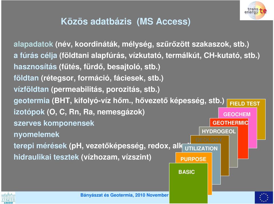 ) földtan (rétegsor, formáció, fáciesek, stb.) vízföldtan (permeabilitás, porozitás, stb.) geotermia (BHT, kifolyó-víz hőm., hővezető képesség, stb.