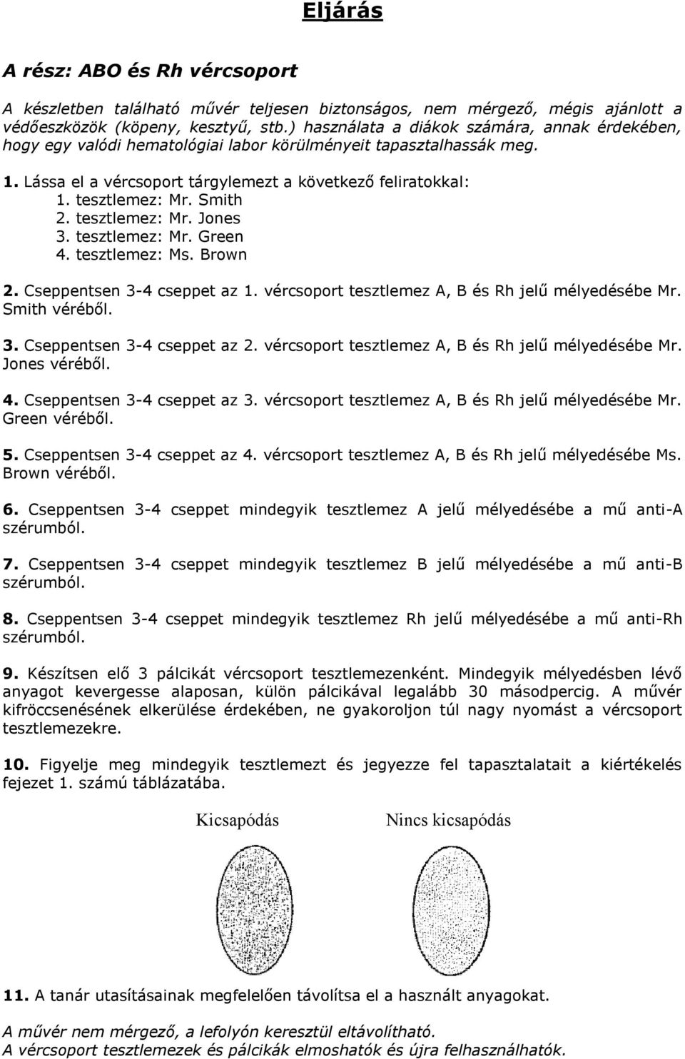 Smith 2. tesztlemez: Mr. Jones 3. tesztlemez: Mr. Green 4. tesztlemez: Ms. Brown 2. Cseppentsen 3-4 cseppet az 1. vércsoport tesztlemez A, B és Rh jelű mélyedésébe Mr. Smith véréből. 3. Cseppentsen 3-4 cseppet az 2.