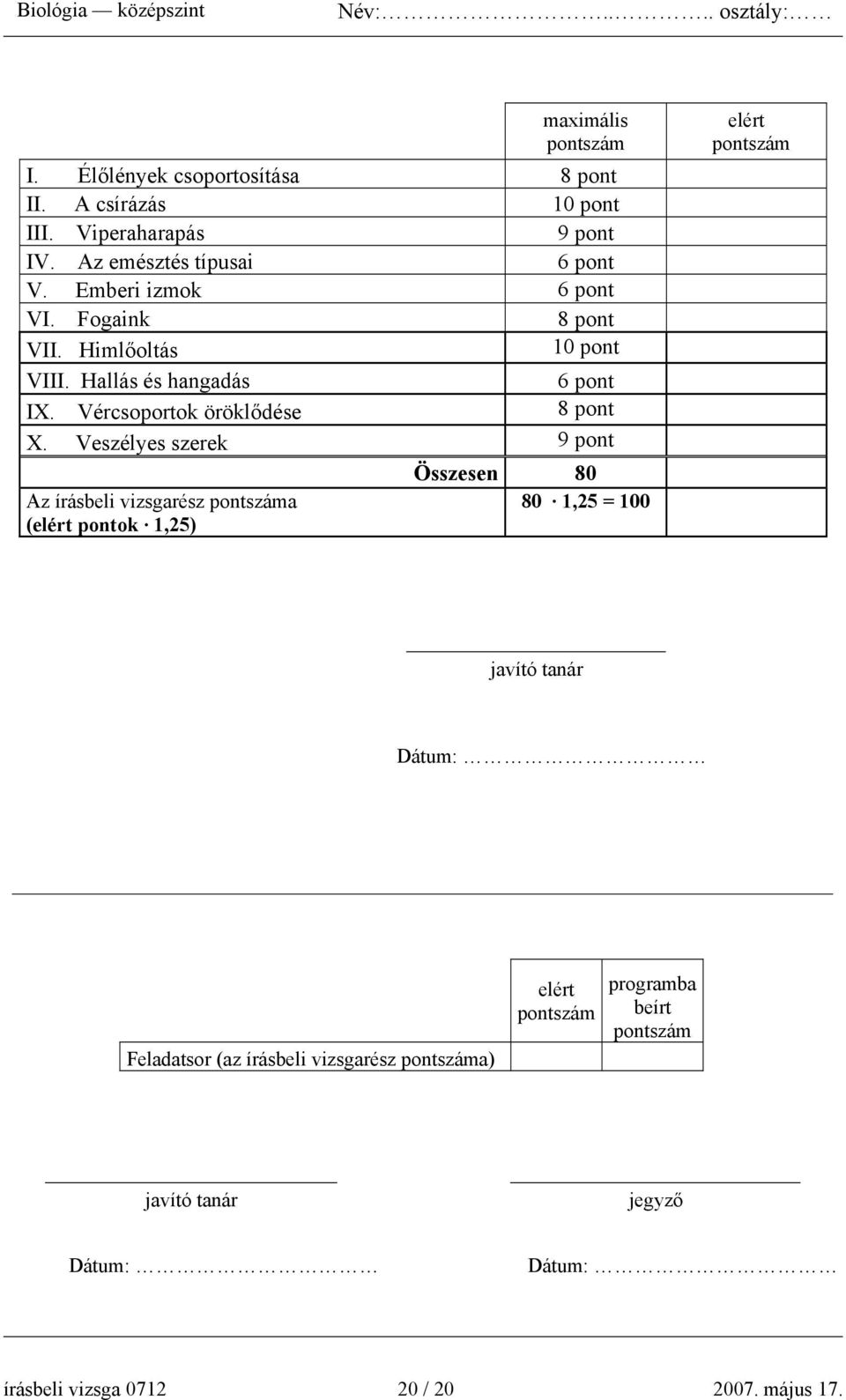 Veszélyes szerek 9 pont Az írásbeli vizsgarész pontszáma (elért pontok 1,25) Összesen 80 80 1,25 = 100 elért pontszám javító tanár Dátum: