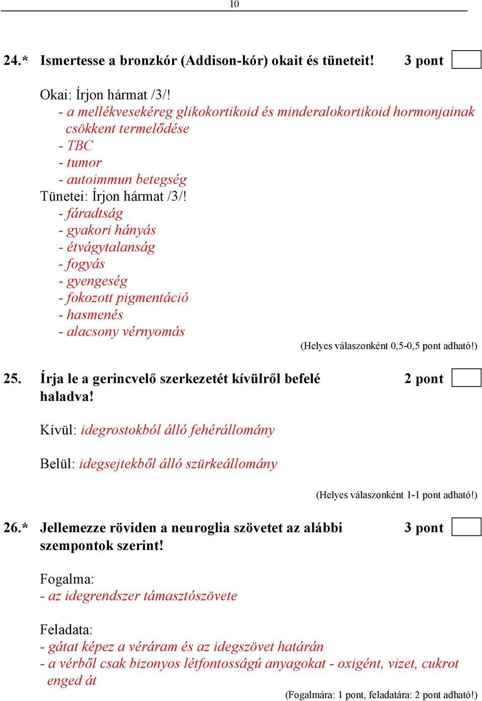 - fáradtság - gyakori hányás - étvágytalanság - fogyás - gyengeség - fokozott pigmentáció - hasmenés - alacsony vérnyomás 25. Írja le a gerincvelı szerkezetét kívülrıl befelé 2 pont haladva!