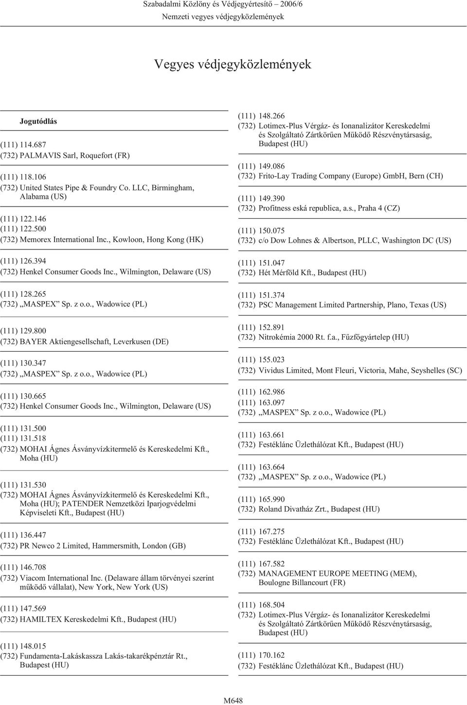 800 (732) BAYER Aktiengesellschaft, Leverkusen (DE) (111) 130.347 (111) 130.665 (732) Henkel Consumer Goods Inc., Wilmington, (111) 131.500 (111) 131.