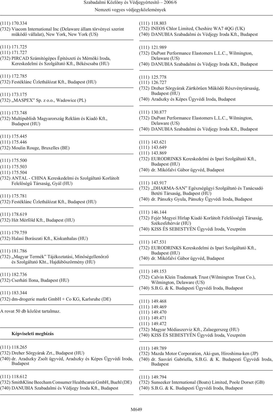 748 (732) Multipublish Magyarország Reklám és Kiadó Kft., (111) 175.445 (111) 175.446 (732) Moulin Rouge, Bruxelles (BE) (111) 175.500 (111) 175.503 (111) 175.