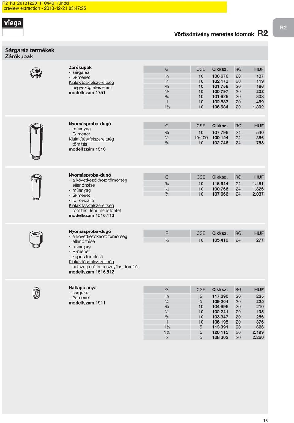 302 Nyomáspróba-dugó műanyag G-menet tömítés modellszám 1516 G CSE Cikksz.