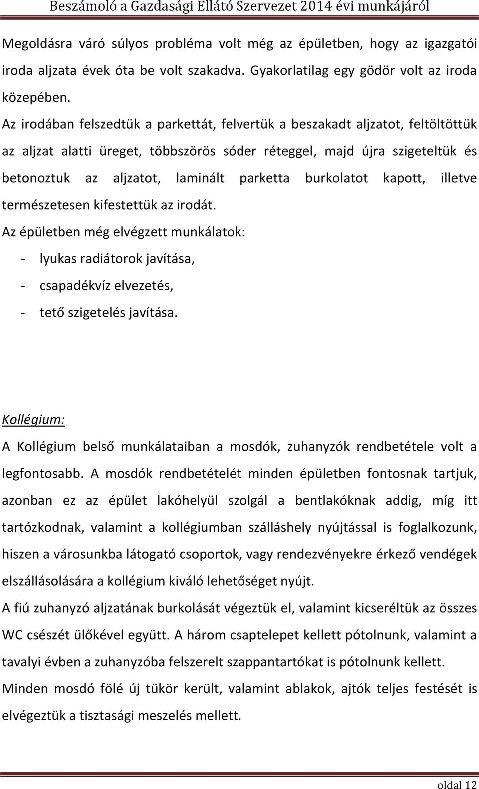 burkolatot kapott, illetve természetesen kifestettük az irodát. Az épületben még elvégzett munkálatok: - lyukas radiátorok javítása, - csapadékvíz elvezetés, - tető szigetelés javítása.