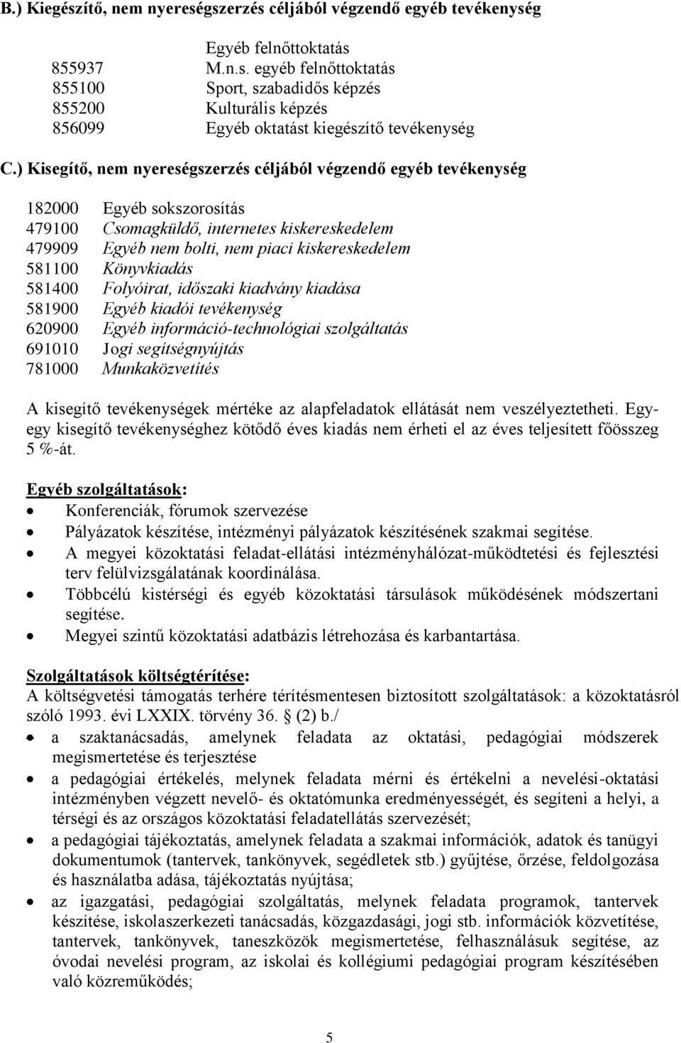 Könyvkiadás 581400 Folyóirat, időszaki kiadvány kiadása 581900 Egyéb kiadói tevékenység 620900 Egyéb információ-technológiai szolgáltatás 691010 Jogi segítségnyújtás 781000 Munkaközvetítés A kisegítő