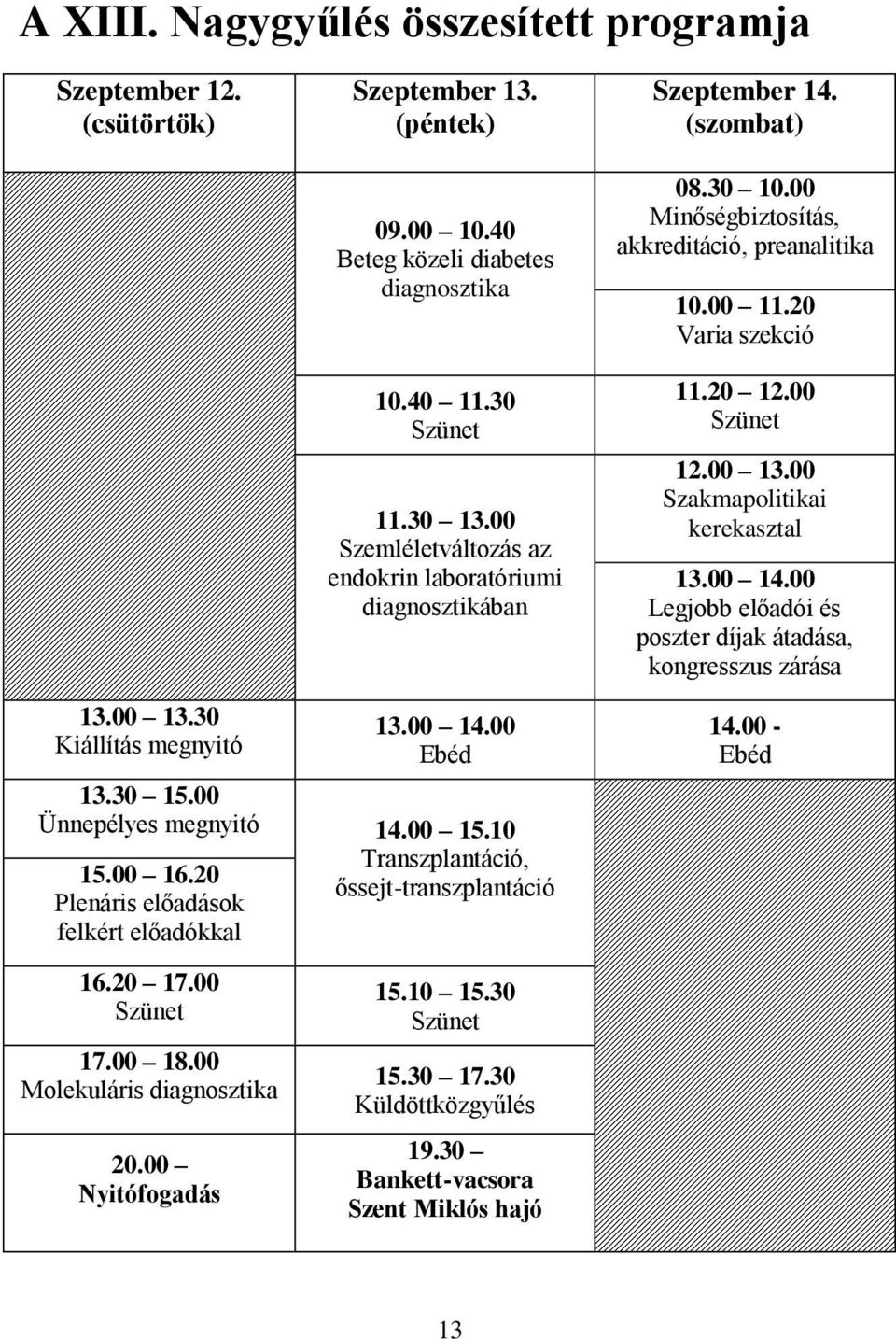 00 Szakmapolitikai kerekasztal 13.00 14.00 Legjobb előadói és poszter díjak átadása, kongresszus zárása 13.00 13.30 Kiállítás megnyitó 13.00 14.00 Ebéd 13.30 15.00 Ünnepélyes megnyitó 14.00 15.10 15.