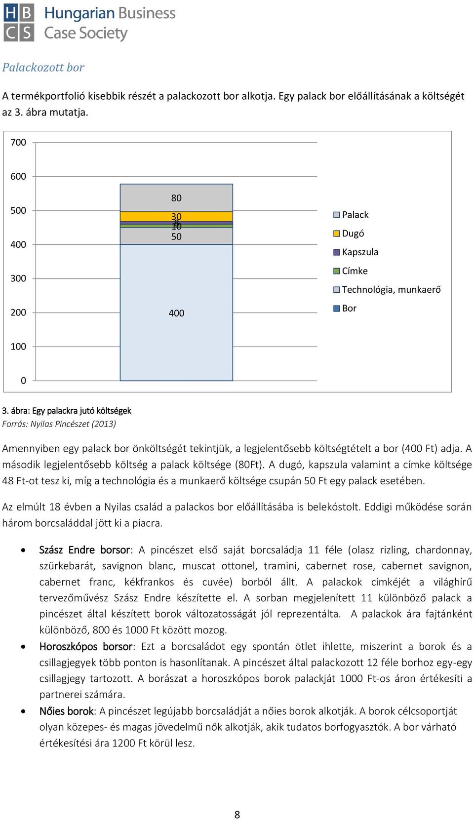 ábra: Egy palackra jutó költségek Forrás: Nyilas Pincészet (2013) Amennyiben egy palack bor önköltségét tekintjük, a legjelentősebb költségtételt a bor (400 Ft) adja.