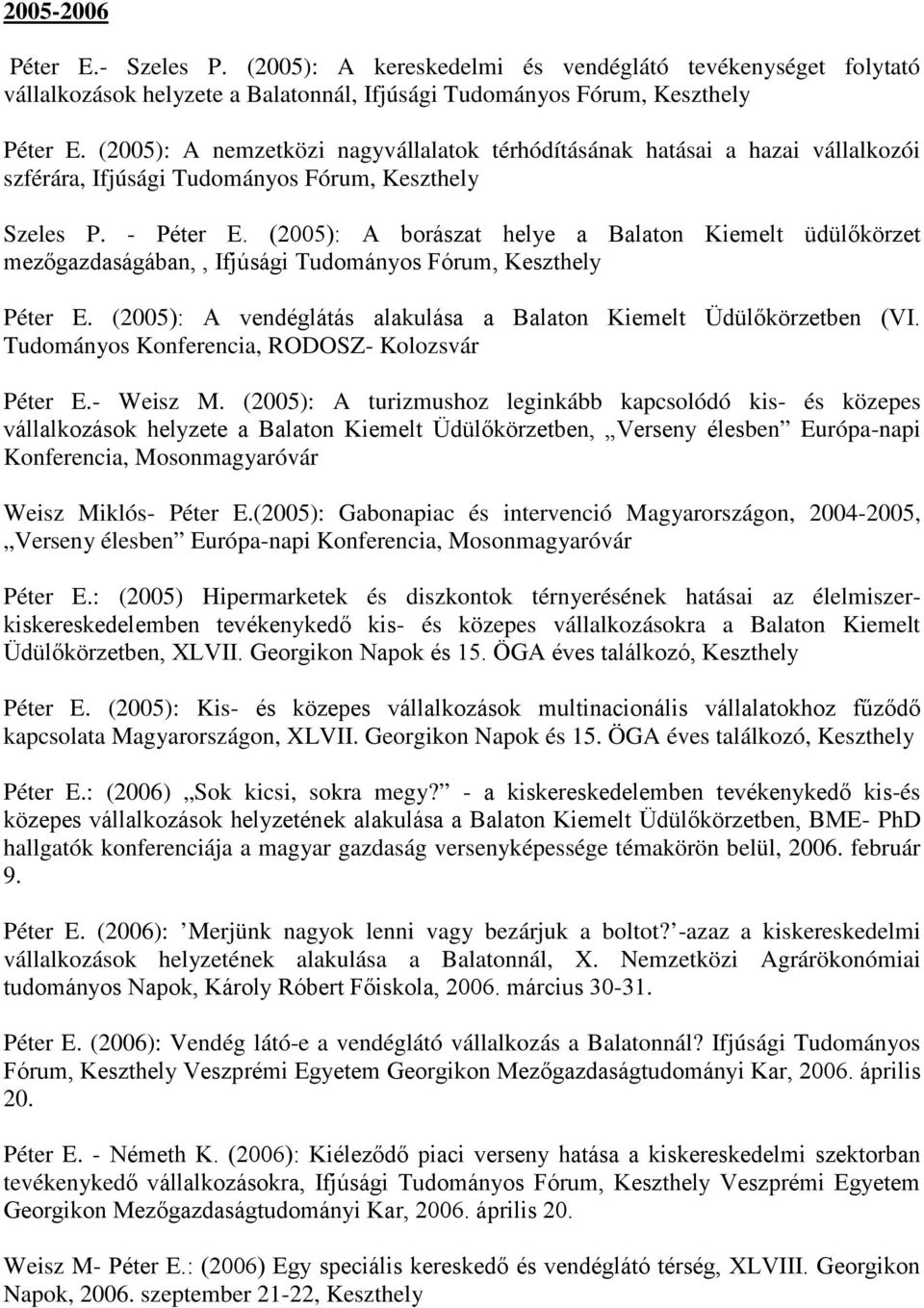 (2005): A borászat helye a Balaton Kiemelt üdülőkörzet mezőgazdaságában,, Ifjúsági Tudományos Fórum, Keszthely Péter E. (2005): A vendéglátás alakulása a Balaton Kiemelt Üdülőkörzetben (VI.