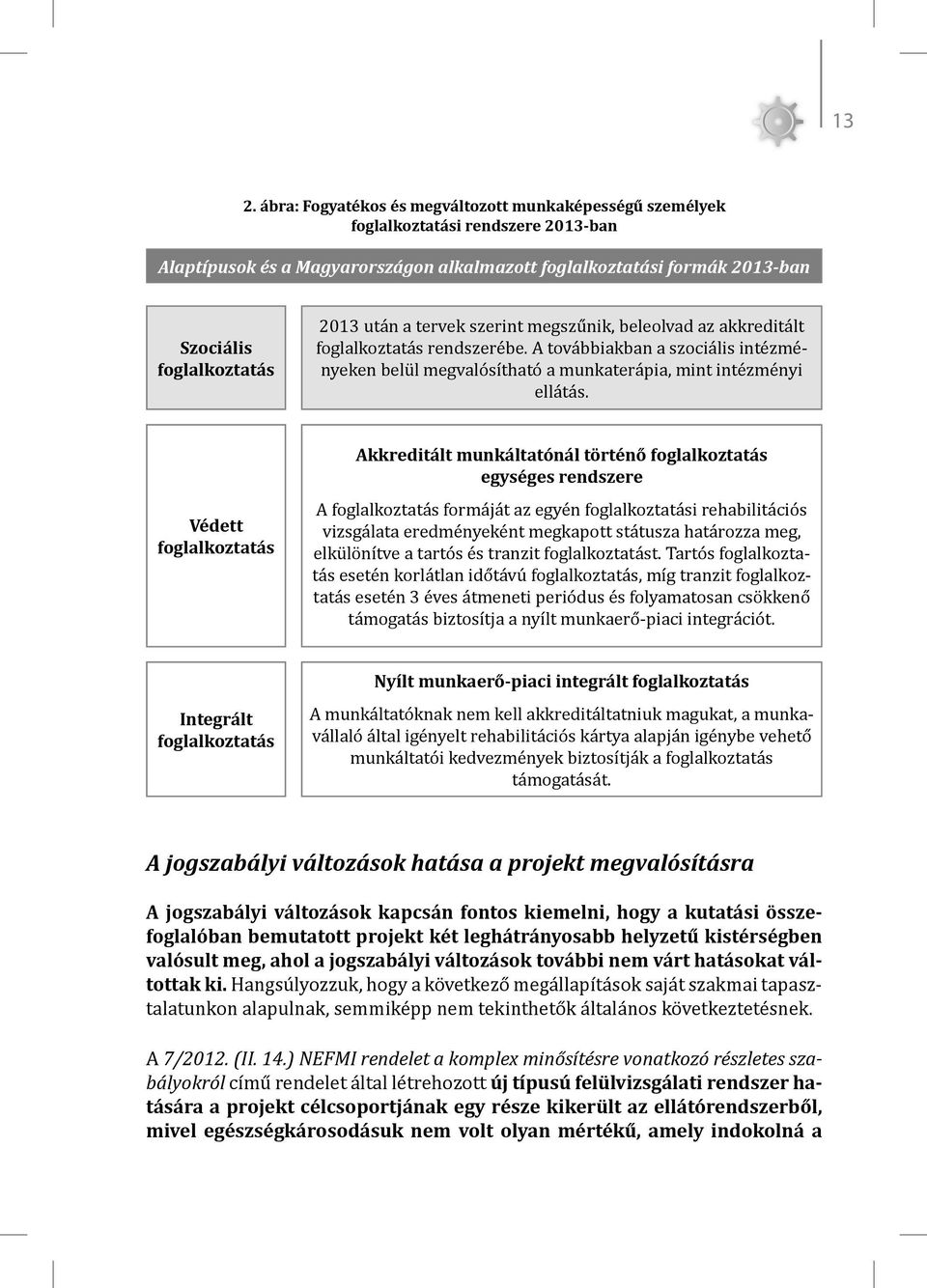 Védett foglalkoztatás Akkreditált munkáltatónál történő foglalkoztatás egységes rendszere A foglalkoztatás formáját az egyén foglalkoztatási rehabilitációs vizsgálata eredményeként megkapott státusza