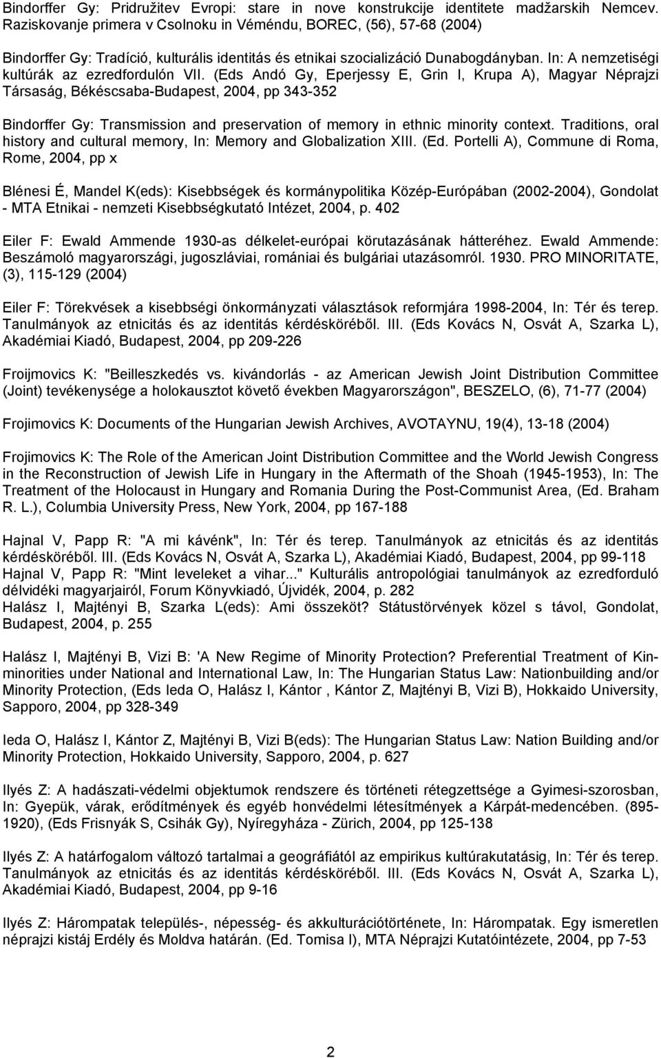 (Eds Andó Gy, Eperjessy E, Grin I, Krupa A), Magyar Néprajzi Társaság, Békéscsaba-Budapest, 2004, pp 343-352 Bindorffer Gy: Transmission and preservation of memory in ethnic minority context.