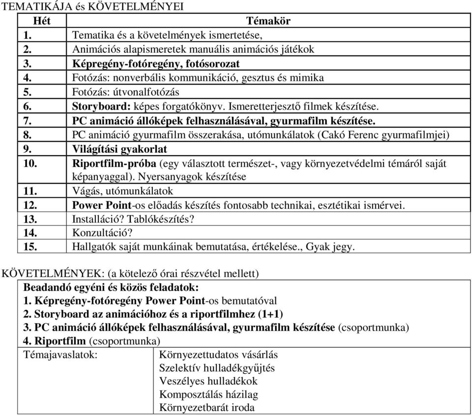 PC animáció állóképek felhasználásával, gyurmafilm készítése. 8. PC animáció gyurmafilm összerakása, utómunkálatok (Cakó Ferenc gyurmafilmjei) 9. Világítási gyakorlat 10.