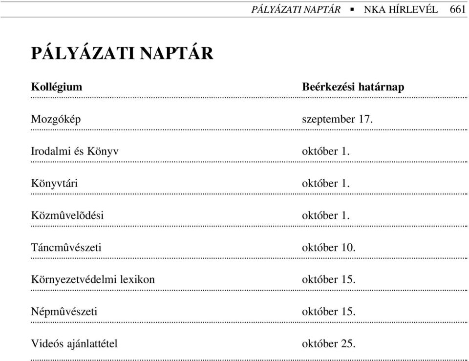 Könyvtári október 1. Közmûvelõdési október 1. Táncmûvészeti október 10.