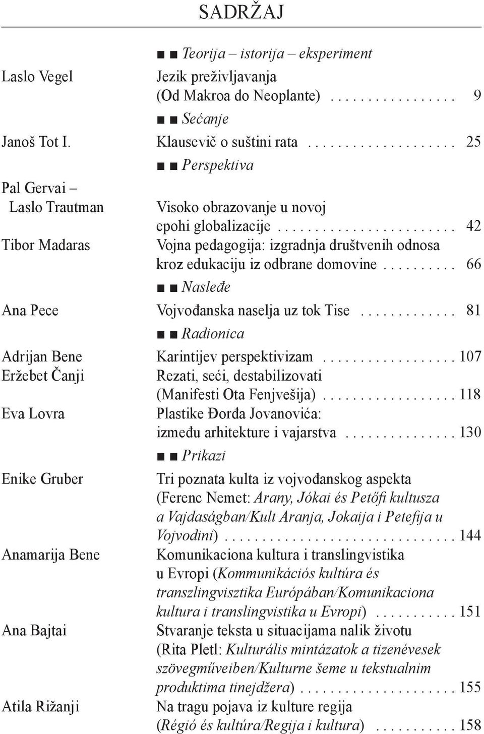 .. 66 Nasleđe Ana Pece Vojvođanska naselja uz tok Tise... 81 Radionica Adrijan Bene Karintijev perspektivizam...107 Eržebet Čanji Rezati, seći, destabilizovati (Manifesti Ota Fenjvešija).