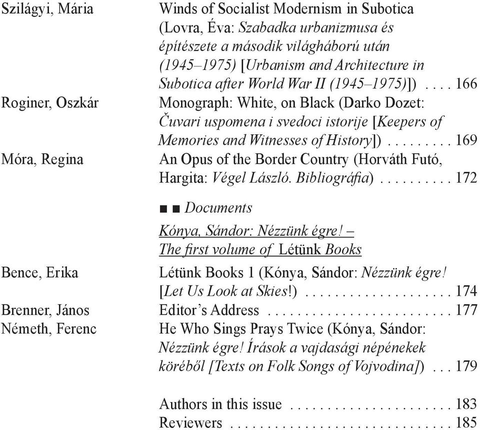 ..169 An Opus of the Border Country (Horváth Futó, Hargita: Végel László. Bibliográfia)...172 Documents Kónya, Sándor: Nézzünk égre!