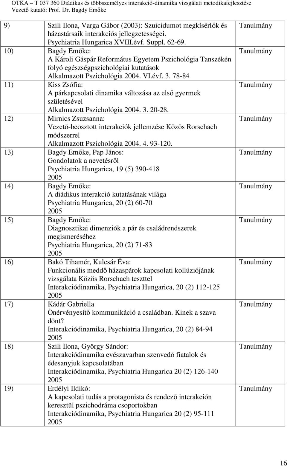 78-84 11) Kiss Zsófia: A párkapcsolati dinamika változása az első gyermek születésével Alkalmazott Pszichológia 2004. 3. 20-28.