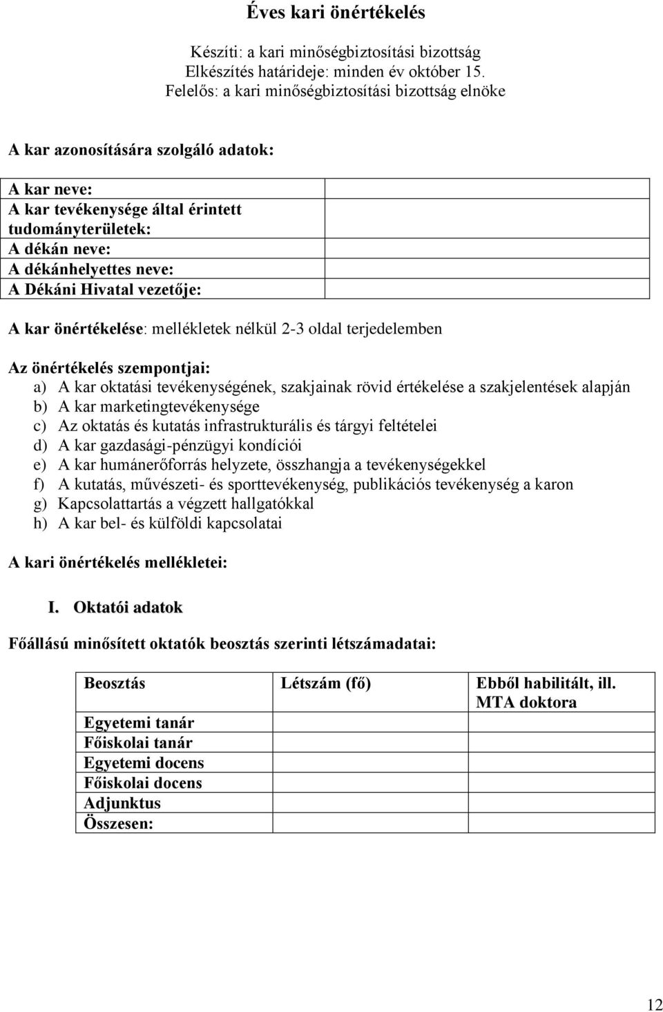 Hivatal vezetője: A kar önértékelése: mellékletek nélkül 2-3 oldal terjedelemben Az önértékelés szempontjai: a) A kar oktatási tevékenységének, szakjainak rövid értékelése a szakjelentések alapján b)