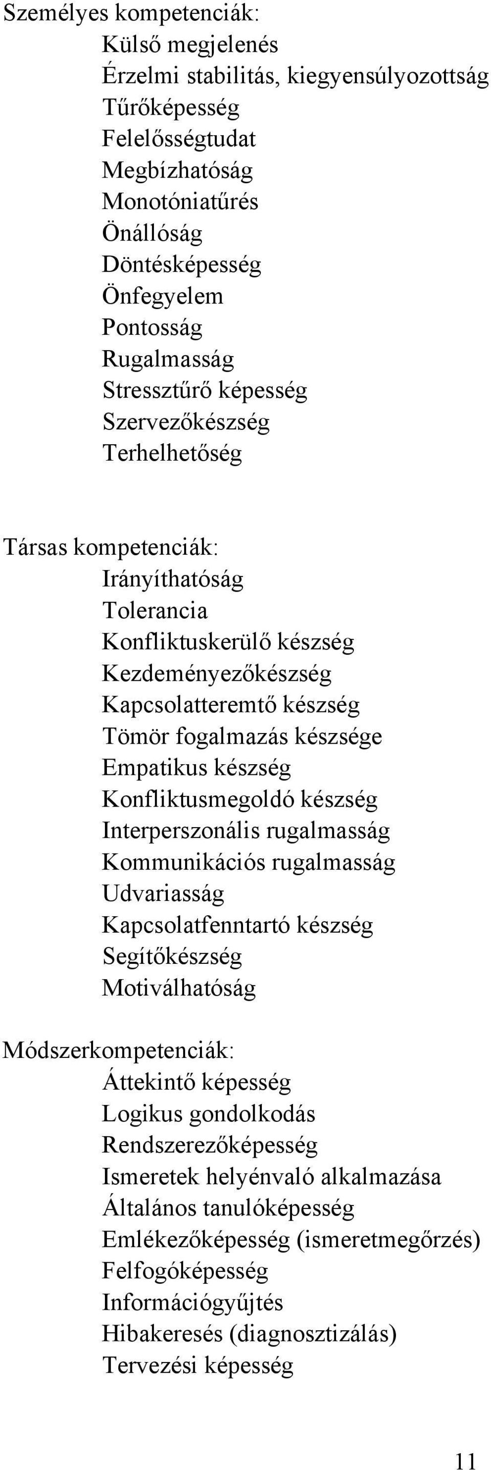 Empatikus készség Konfliktusmegoldó készség Interperszonális rugalmasság Kommunikációs rugalmasság Udvariasság Kapcsolatfenntartó készség Segítőkészség Motiválhatóság Módszerkompetenciák: Áttekintő