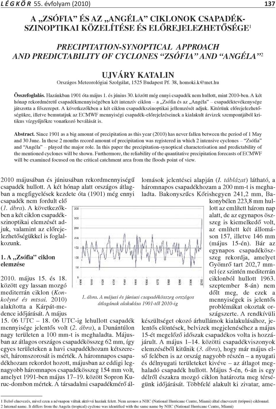 KATALIN Országos Meteorológiai Szolgálat, 1525 Budapest Pf. 38, homoki.k@met.hu összefoglalás. Hazánkban 1901 óta május 1. és június 30. között még ennyi csapadék nem hullott, mint 2010-ben.