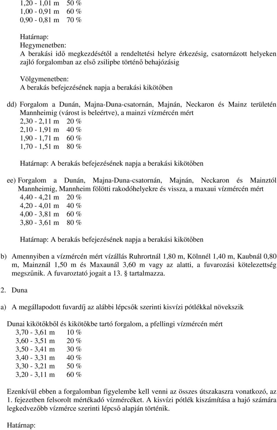 a mainzi vízmércén mért 2,30-2,11 m 20 % 2,10-1,91 m 40 % 1,90-1,71 m 60 % 1,70-1,51 m 80 % Határnap: A berakás befejezésének napja a berakási kikötıben ee) Forgalom a Dunán, Majna-Duna-csatornán,