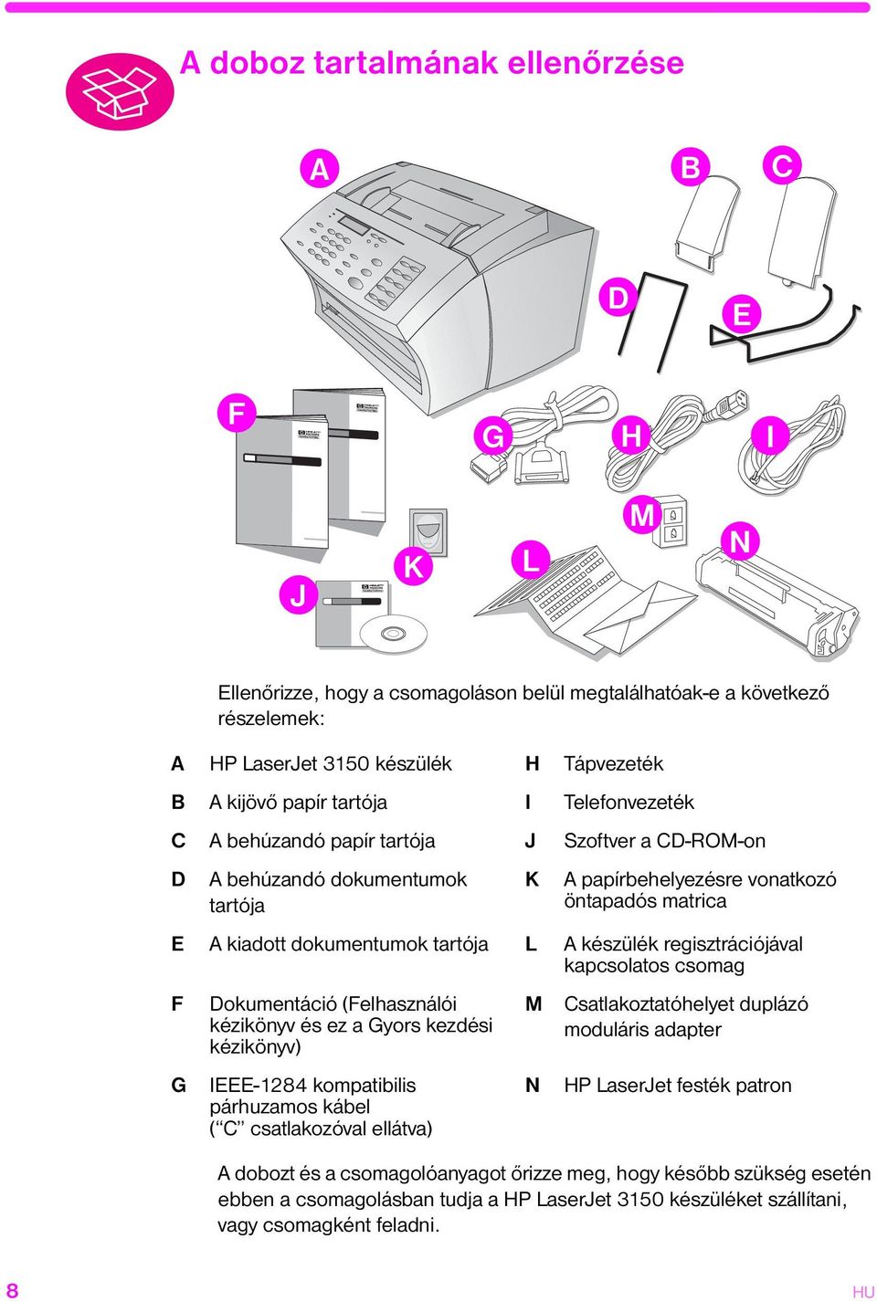 készülék regisztrációjával kapcsolatos csomag F G Dokumentáció (Felhasználói kézikönyv és ez a Gyors kezdési kézikönyv) IEEE-1284 kompatibilis párhuzamos kábel ( C csatlakozóval ellátva) M N